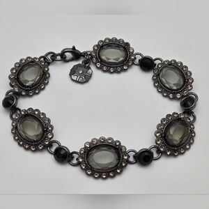 Monet Smoky Crystal Link Bracelet Vintage Style Gunmetal Silver Tone 7.5”